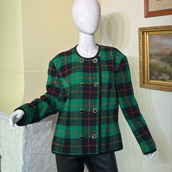Alexon Double Breasted Tartan Plaid Collarless Jacket Made in Britain - Picture 2 of 13